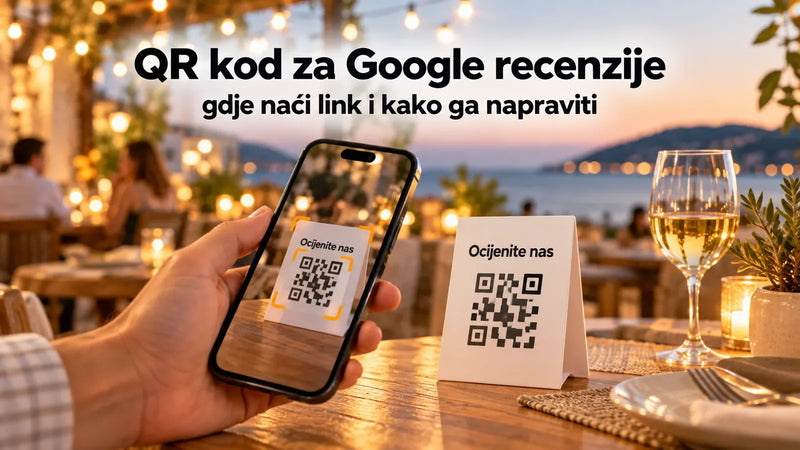 QR kod za Google recenzije na stolnom natpisu na terasi, gost ga skenira mobitelom