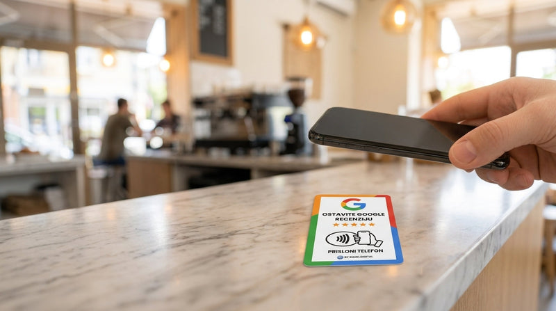 NFC kartica za Google recenzije na pultu kafića - gost prislanja mobitel