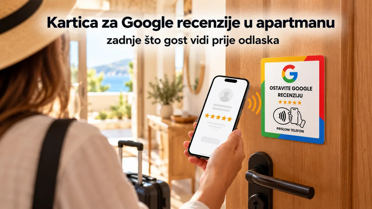 NFC kartica za Google recenzije na ulaznim vratima apartmana, gost je dodiruje mobitelom na odlasku