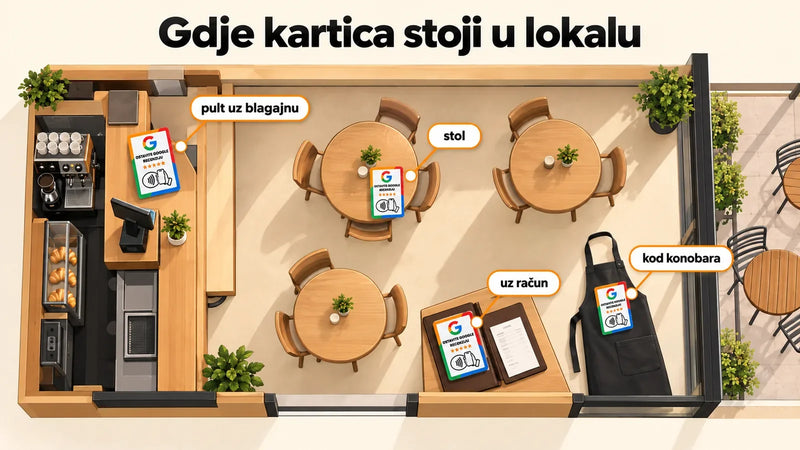Gdje u restoranu i kafiću stoji NFC kartica za Google recenzije: pult, stol, račun, pregača