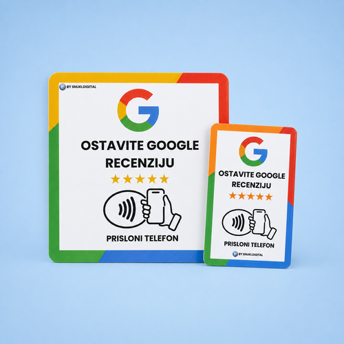 Komplet NFC kartica za Google recenzije: velika kartica 10×10 cm i mala 8.5×5.5 cm na svijetloplavoj pozadini