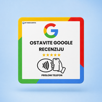 NFC kartica za Google recenzije veličine 10×10 cm, 2u1 kartica i samoljepljiva naljepnica s natpisom Ostavite Google recenziju i NFC simbolom za prislanjanje mobitela