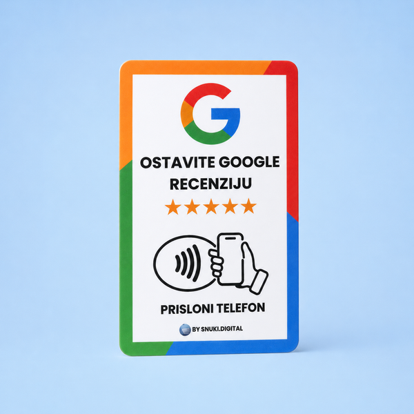 NFC kartica za Google recenzije 8.5×5.5 cm u formatu bankovne kartice, s natpisom Ostavite Google recenziju i NFC simbolom za prislanjanje mobitela