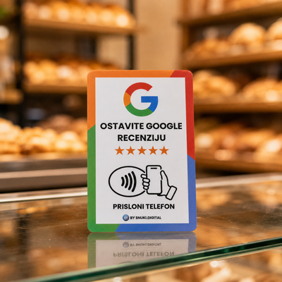 NFC kartica za Google recenzije s natpisom Ostavite Google recenziju na staklenoj vitrini pekare, vidljiva kupcima pri naručivanju
