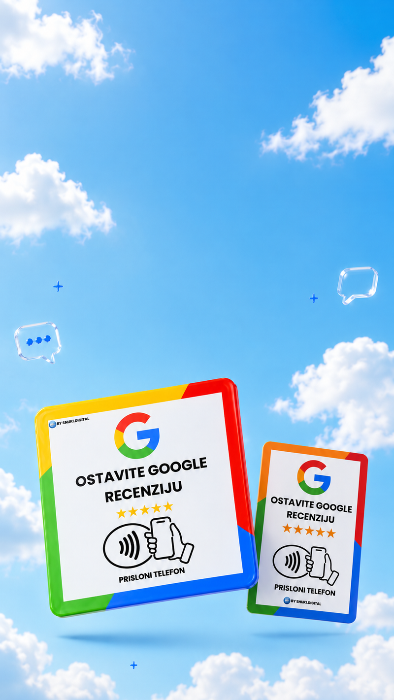 NFC kartice za Google recenzije lebde na nebu s oblacima, Snuki hero slika za webshops NFC karticama za Google Recenijze na Google business profilu
